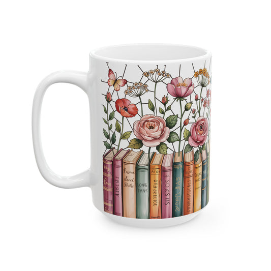 Floral Bookshelf Illustration Mug | Ceramic Book Lover Coffee Cup Stained Glass Effect