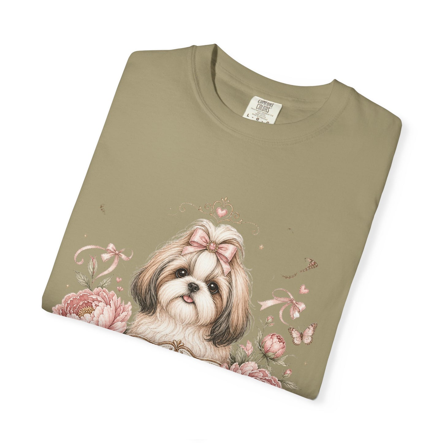 Shih Tzu Floral Portrait T-Shirt | Tiny Floof Illustration, Pink Roses