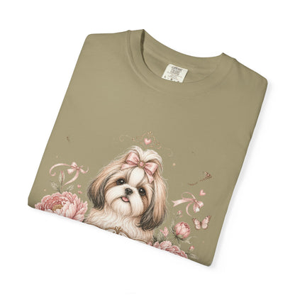 Shih Tzu Floral Portrait T-Shirt | Tiny Floof Illustration, Pink Roses