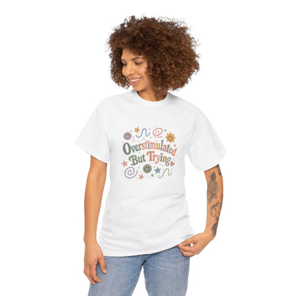 Overstimulated But Trying tee | Funny Mental Health Shirt, Cute Retro Doodles