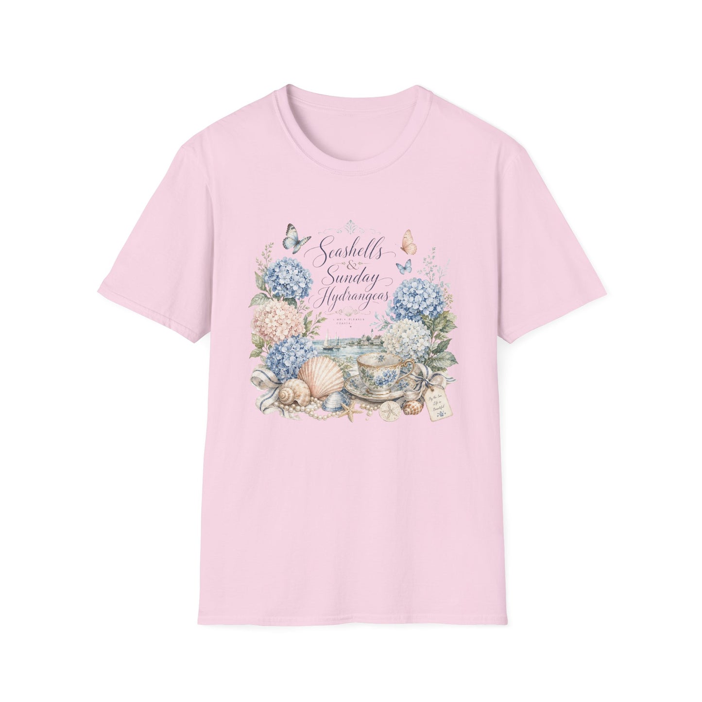 Seashells & Sunday Hydrangeas T-Shirt | Floral Coastal Cottage Shirt