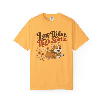Low Rider High Spirits Corgi T-Shirt | Running Corgi Illustration, Autumn Leaves