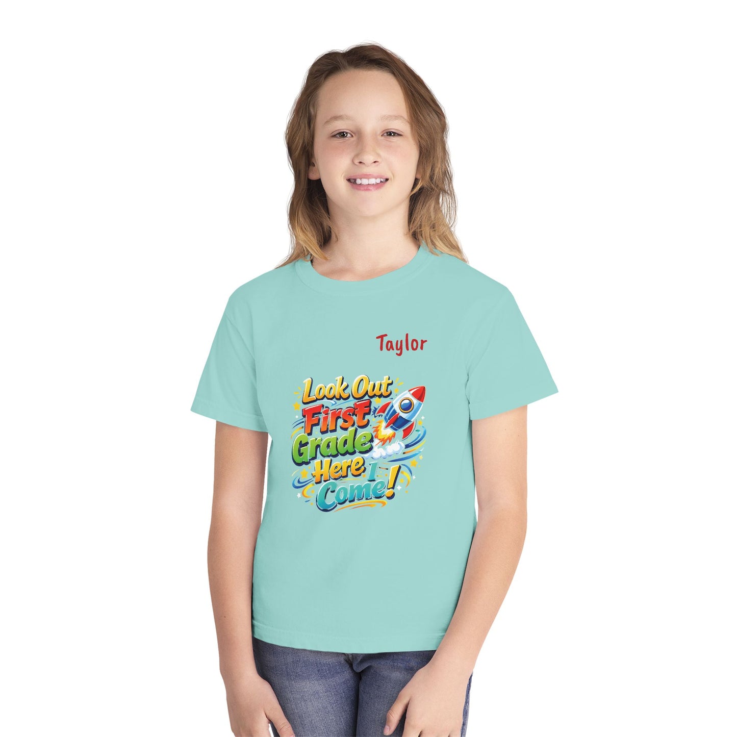First Grade Here I Come Youth Tee | Rocket Back to School Shirt