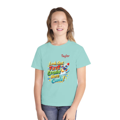 First Grade Here I Come Youth Tee | Rocket Back to School Shirt