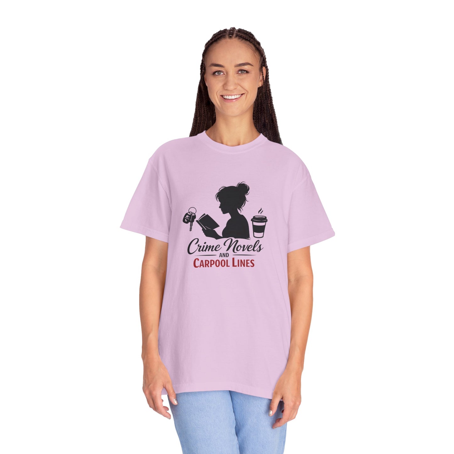Crime Novels and Carpool Lines T-shirt | Reading Mom Silhouette, Coffee Graphic