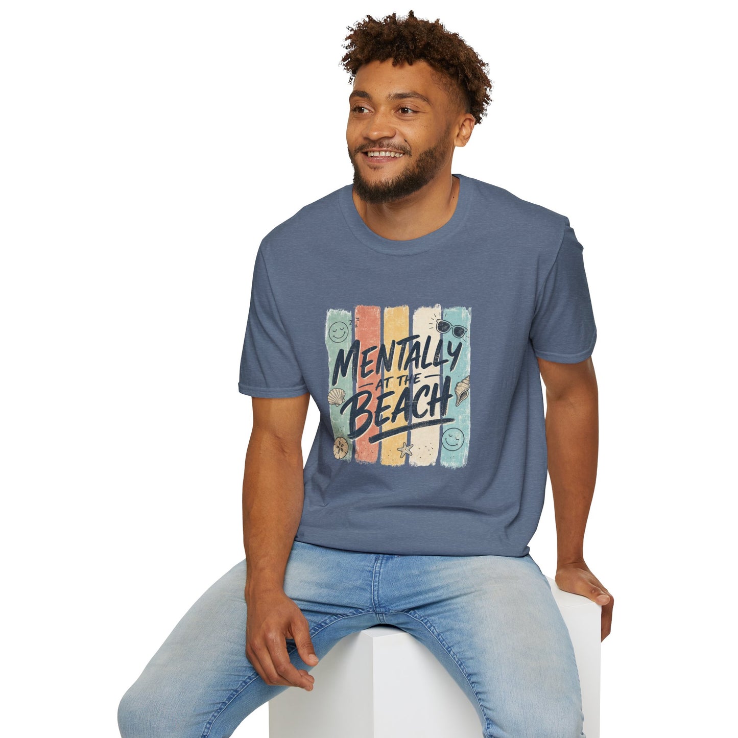 Mentally at the Beach T-Shirt | Retro Stripes, Sunglasses & Seashells