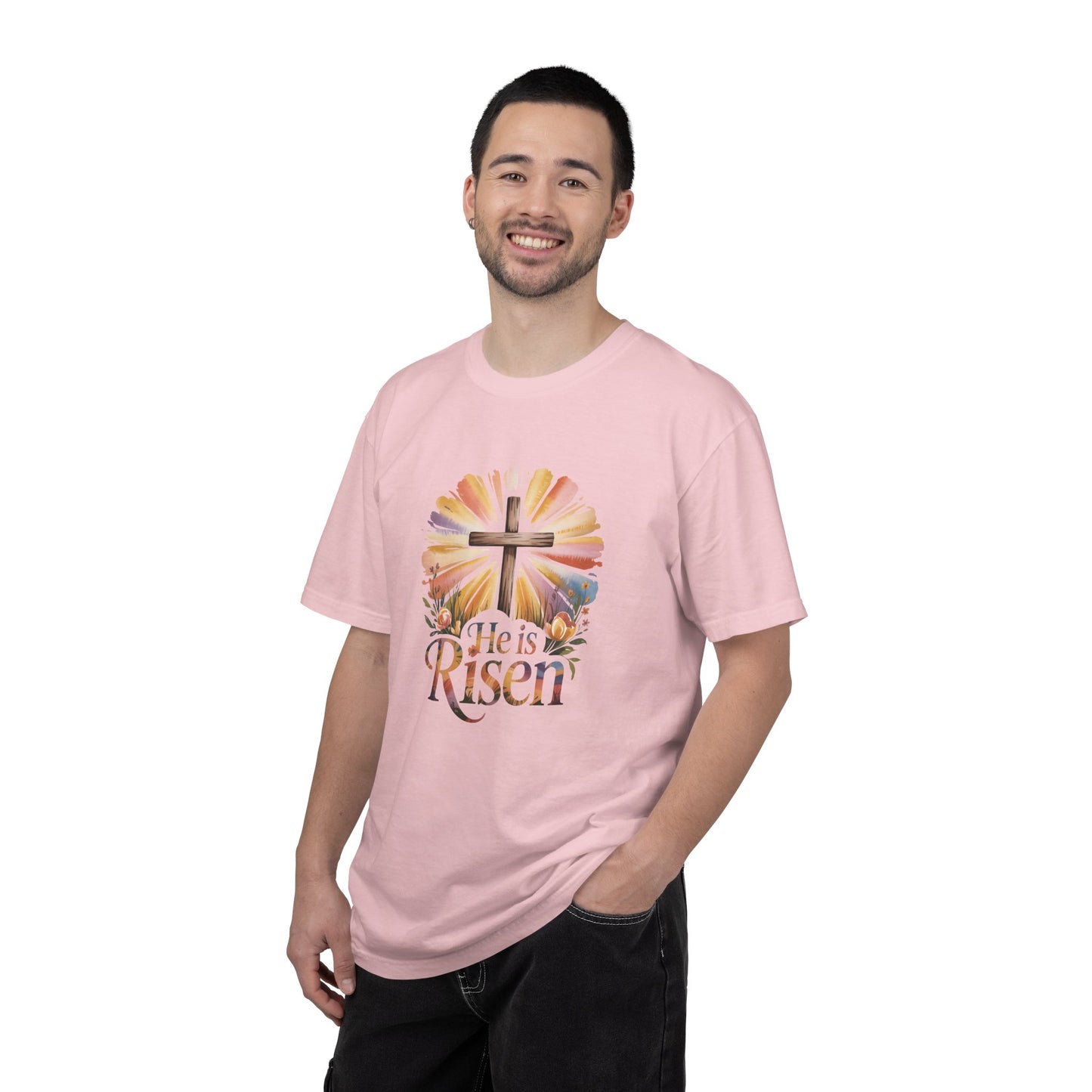 He Is Risen cross sunrise design T-Shirt | Easter faith floral