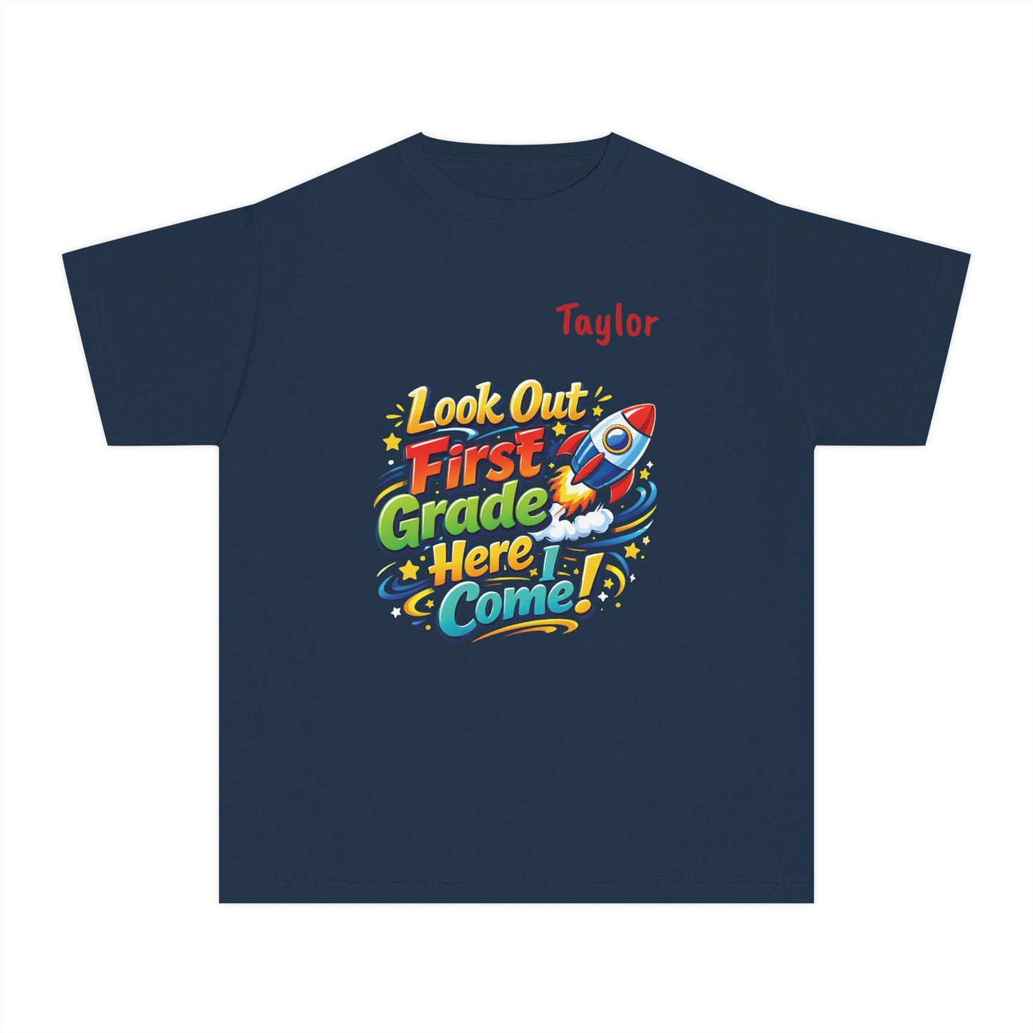 First Grade Here I Come Youth Tee | Rocket Back to School Shirt