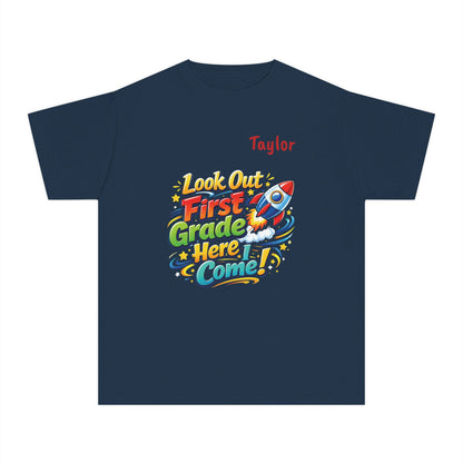 First Grade Here I Come Youth Tee | Rocket Back to School Shirt