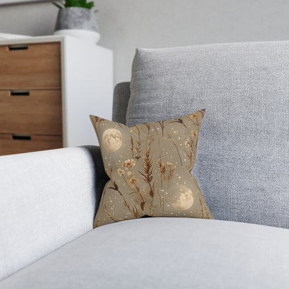 Celestial Floral Square Pillow - Cozy Decor, Moonlight Dreams, Boho Home Accents, Elegant Gift for Her, Bedroom Knickknack, Harvest Moon