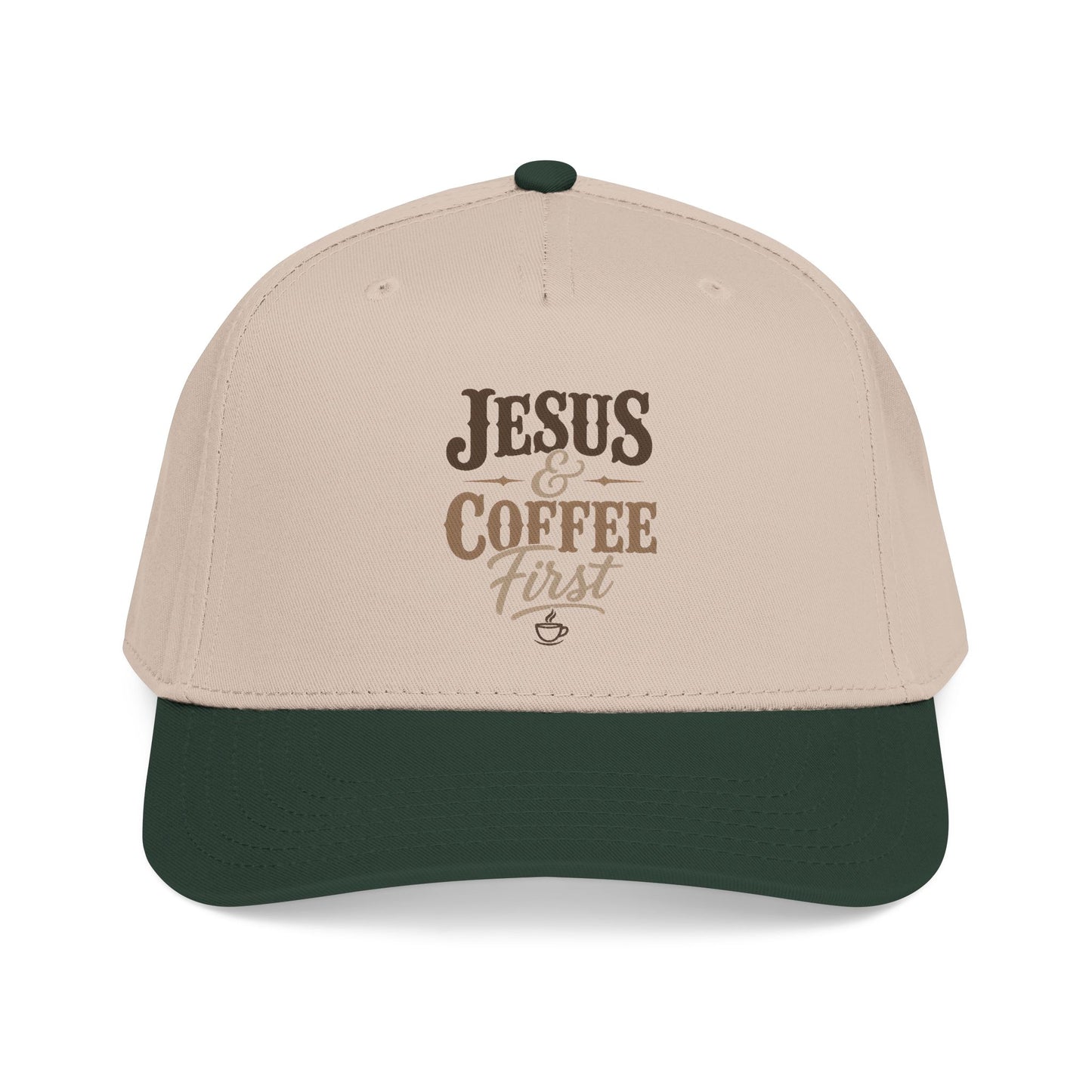Jesus & Coffee First Mid Profile Baseball Cap | Christian Script Logo