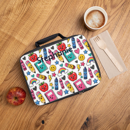 Sticker Bomb Pattern Lunch Bag | Personalized Kids Lunchbox, Cute Crayon Apple Notebook Design