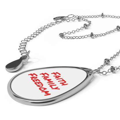 Faith Family Freedom Oval Necklace | Teardrop Pendant, White Enamel