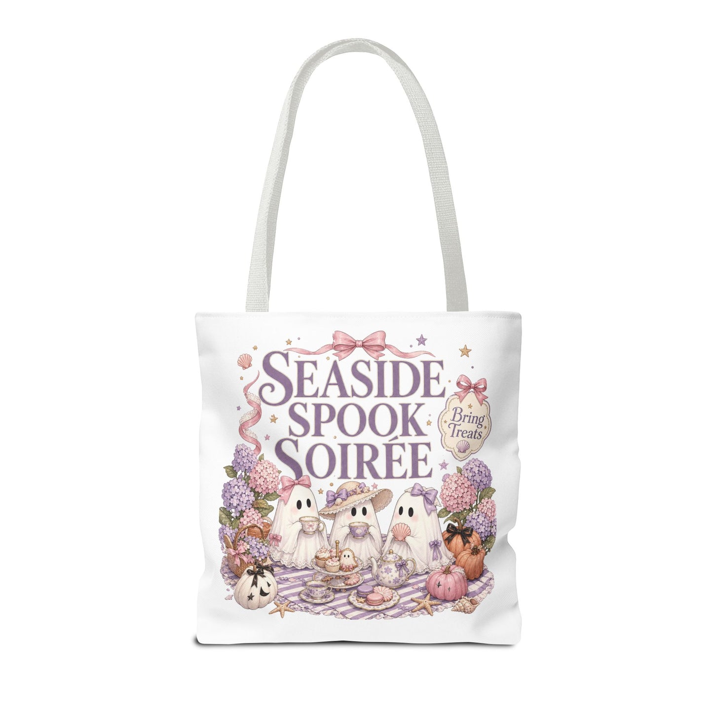 Seaside Spook Soiree Tote Bag | Halloween Ghost Picnic Illustration