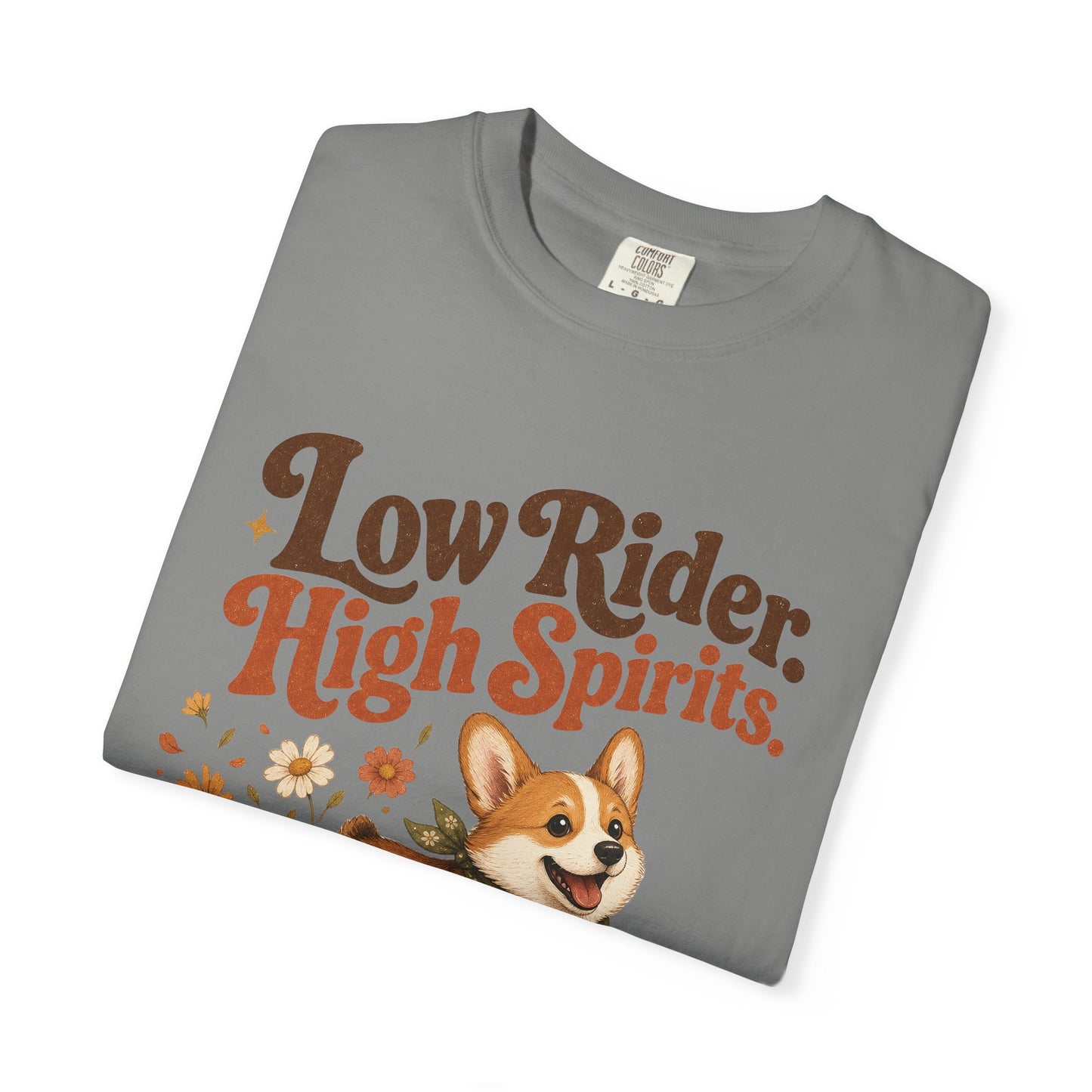 Low Rider High Spirits Corgi T-Shirt | Running Corgi Illustration, Autumn Leaves