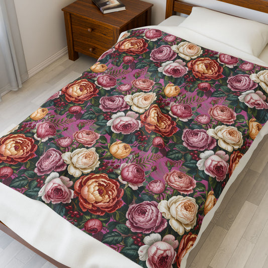 Vintage Rose Pattern Velveteen Plush Blanket | Floral Bouquet Design