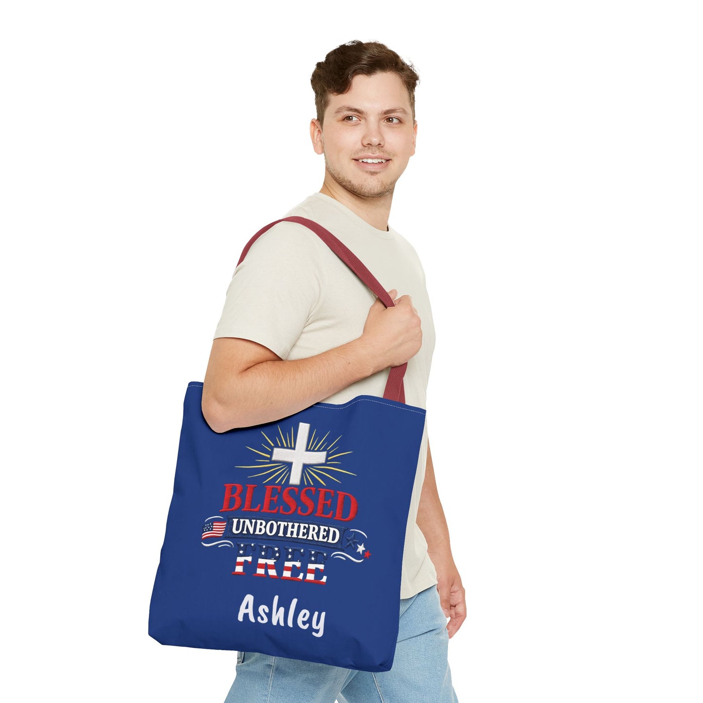 Blessed Unbothered Free Cross tote bag | patriotic faith design