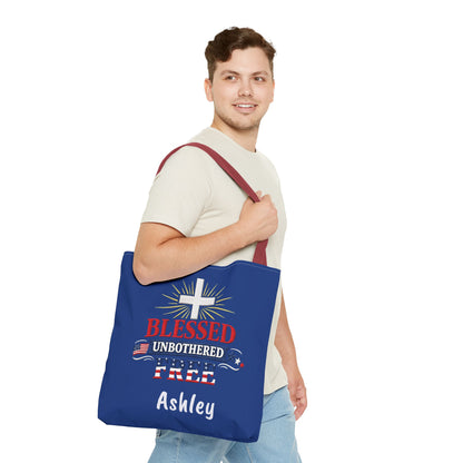 Blessed Unbothered Free Cross tote bag | patriotic faith design