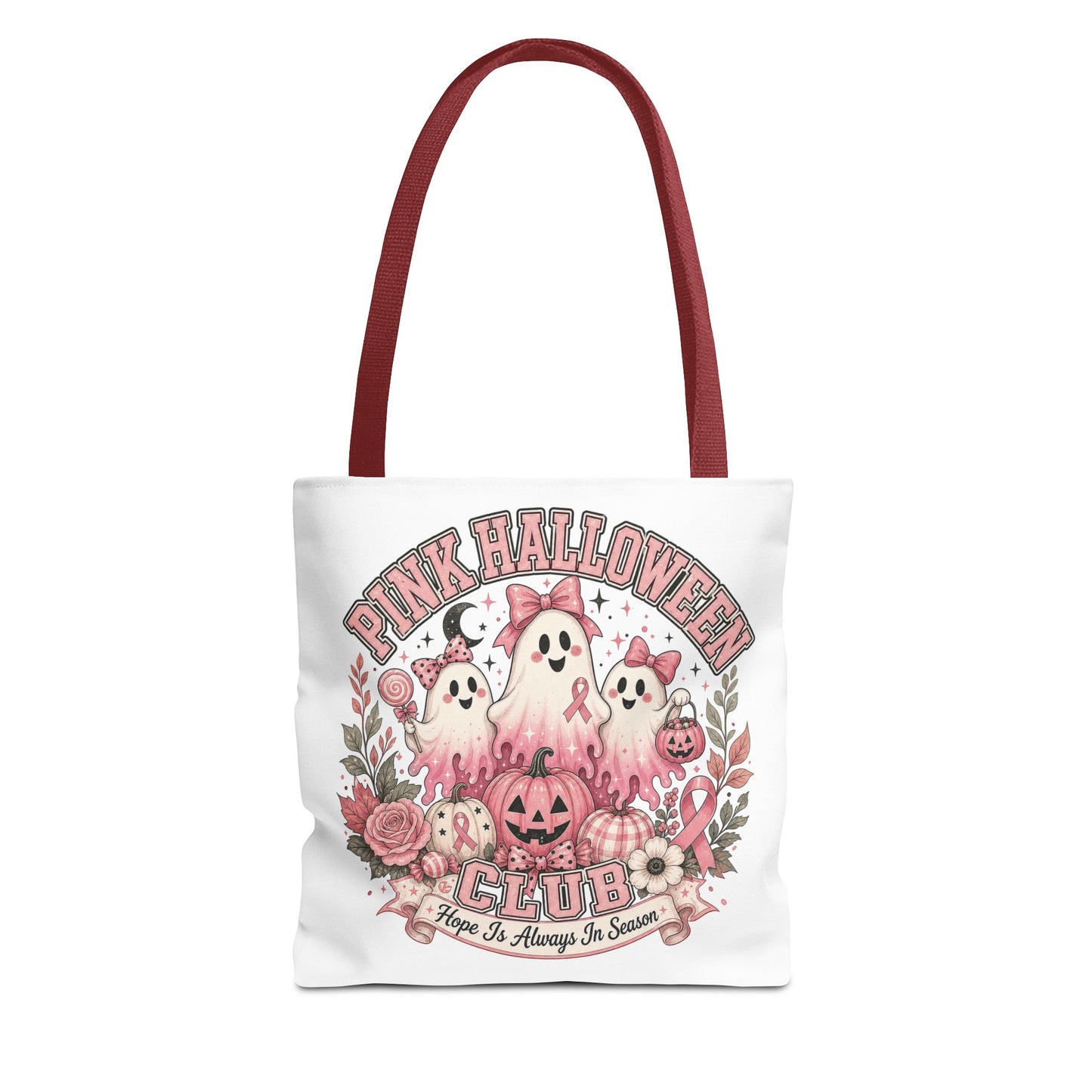 Breast Cancer Awareness Pink Halloween Club ghost trio tote bag | spooky floral pumpkin design