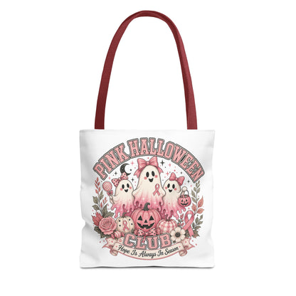 Breast Cancer Awareness Pink Halloween Club ghost trio tote bag | spooky floral pumpkin design