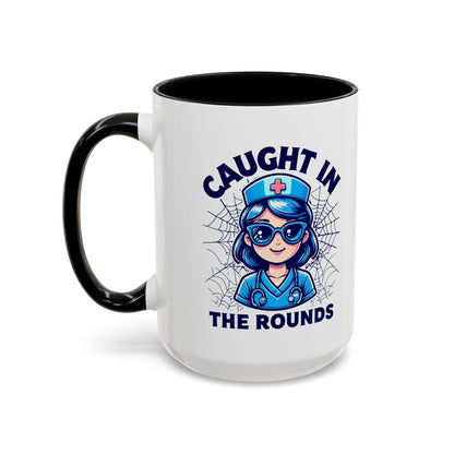 Nurse Coffee Mug, Cute Nursing Gift, Healthcare Appreciation, Fun Spider Design, Caught in the Rounds Mug