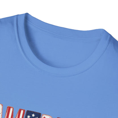 American Flag Patchwork Style Letters T-Shirt | Patriotic Fourth of July Tee