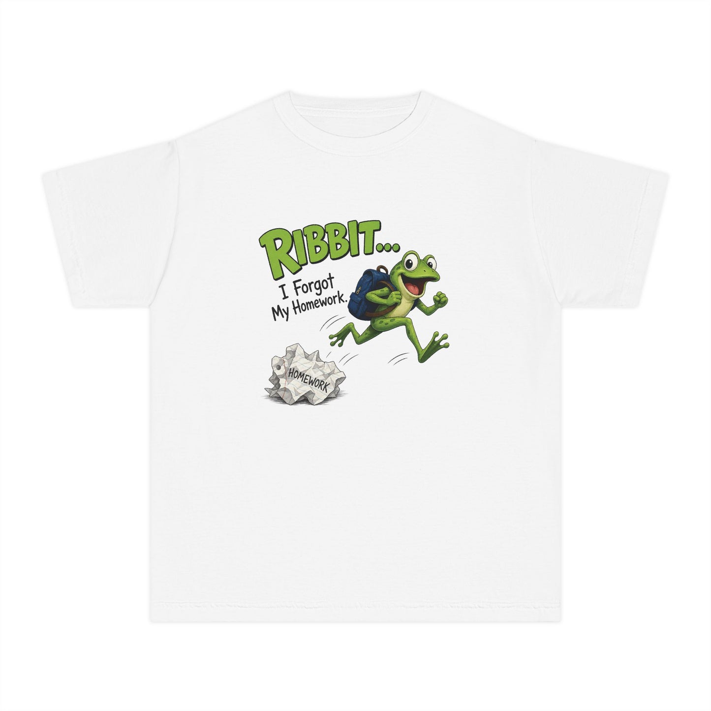 Ribbit Frog Character Youth Tee | Funny Forgot My Homework Design
