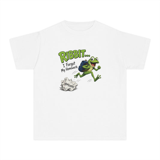 Ribbit Frog Character Youth Tee | Funny Forgot My Homework Design