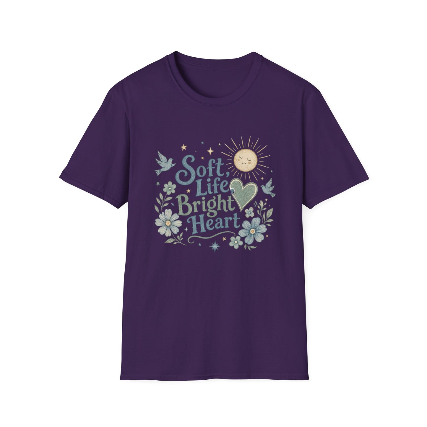 Soft Life Bright Heart T-Shirt | sun, doves, floral graphic
