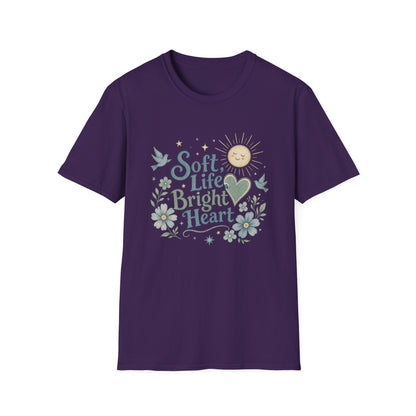 Soft Life Bright Heart T-Shirt | sun, doves, floral graphic