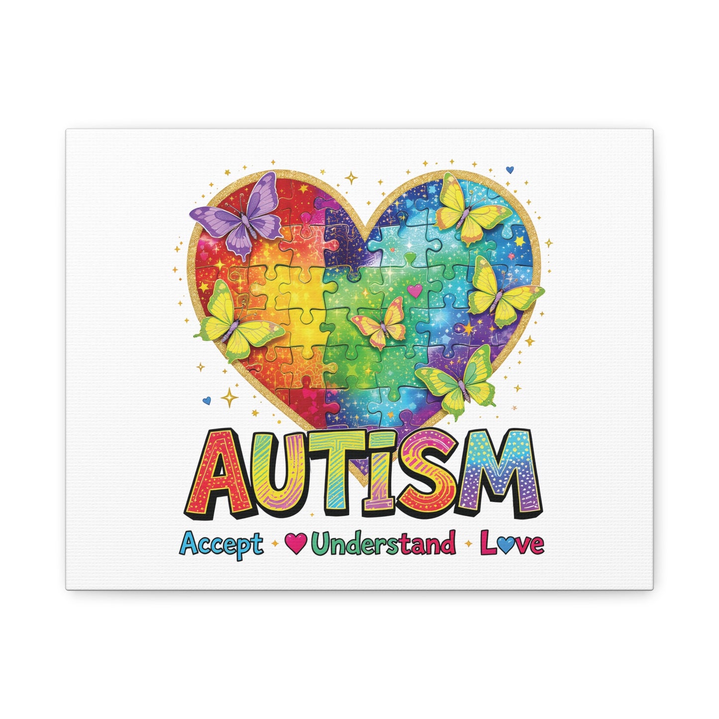 Autism Heart Puzzle Rainbow Butterflies Canvas | Accept Understand Love