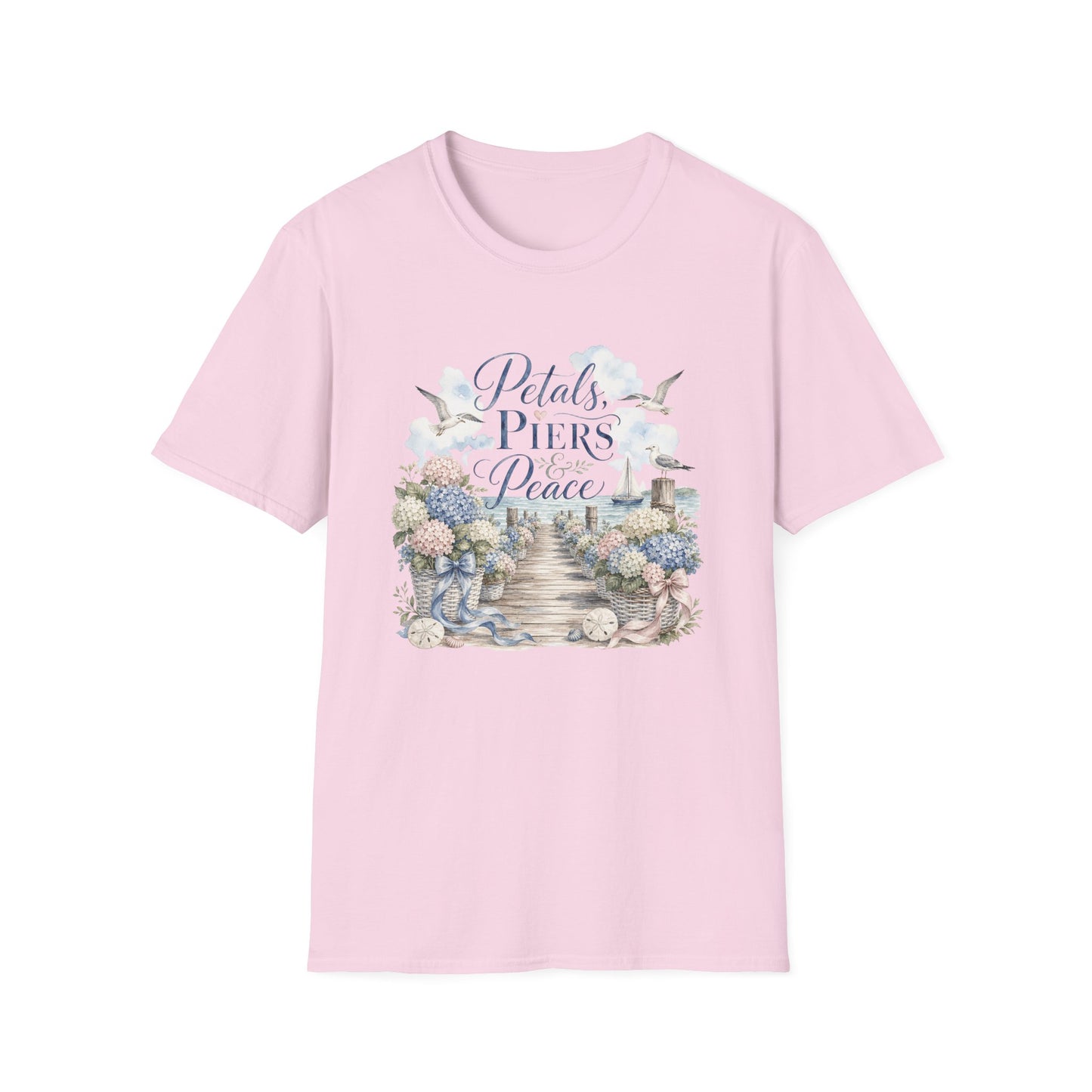 Petals Piers Peace T-Shirt | Coastal Lighthouse Floral Seagulls Design