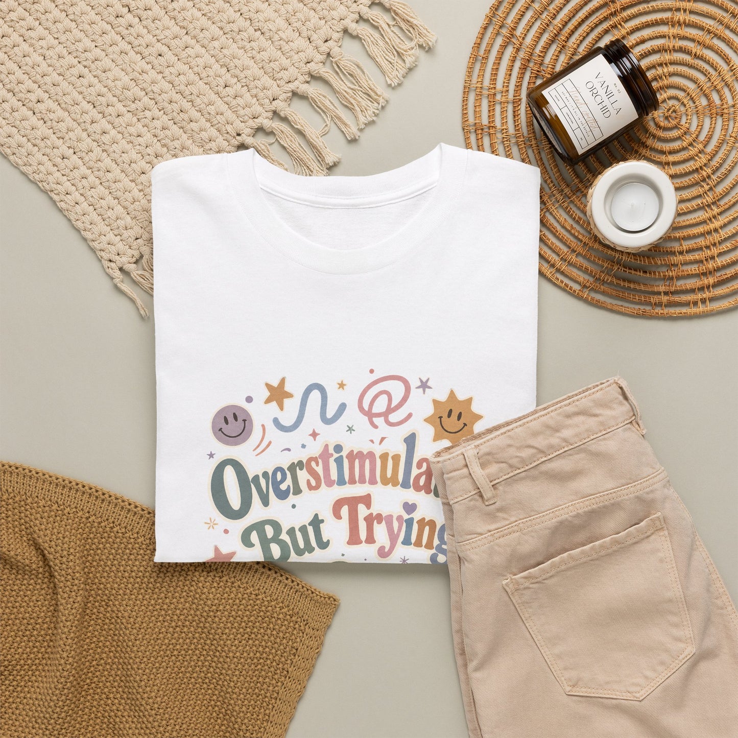 Overstimulated But Trying tee | Funny Mental Health Shirt, Cute Retro Doodles