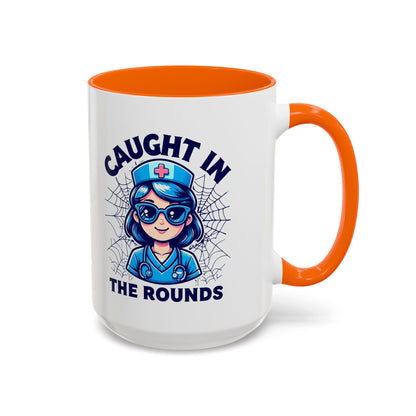 Nurse Coffee Mug, Cute Nursing Gift, Healthcare Appreciation, Fun Spider Design, Caught in the Rounds Mug