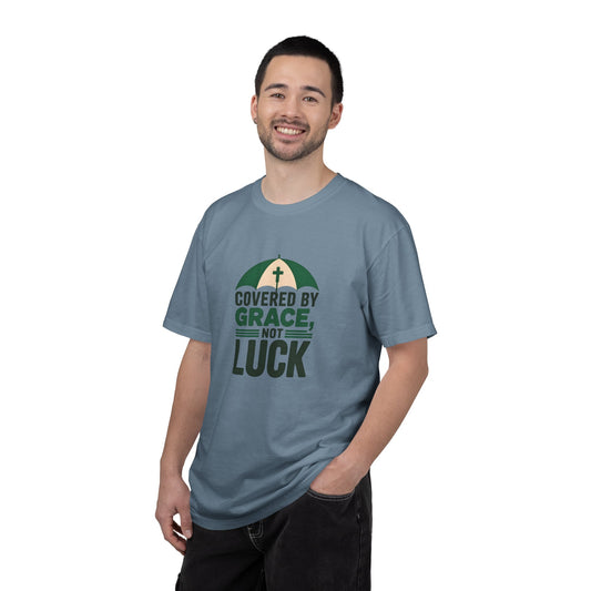 Covered by Grace Not Luck T-Shirt | Christian faith tee, cross graphic
