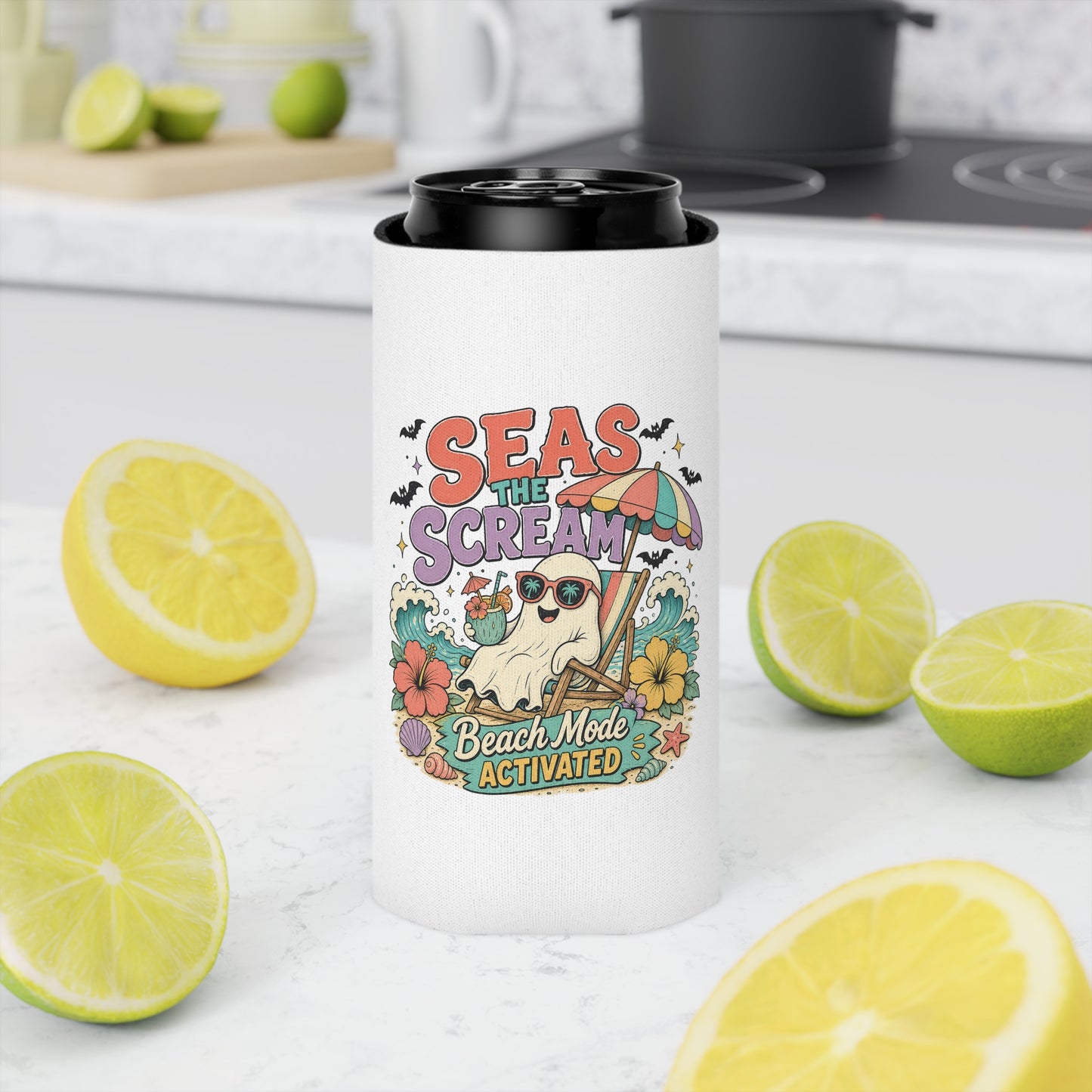 Seas the Scream ghost beach scene Can Cooler | Beach Mode Activated, Tropical Flowers