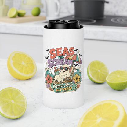 Seas the Scream ghost beach scene Can Cooler | Beach Mode Activated, Tropical Flowers
