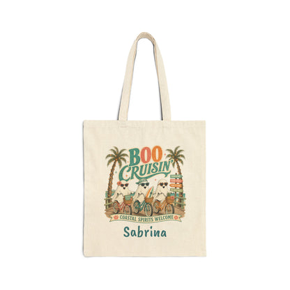 Boo Cruisin' ghost beach scene Tote | Halloween coastal spooky palm trees