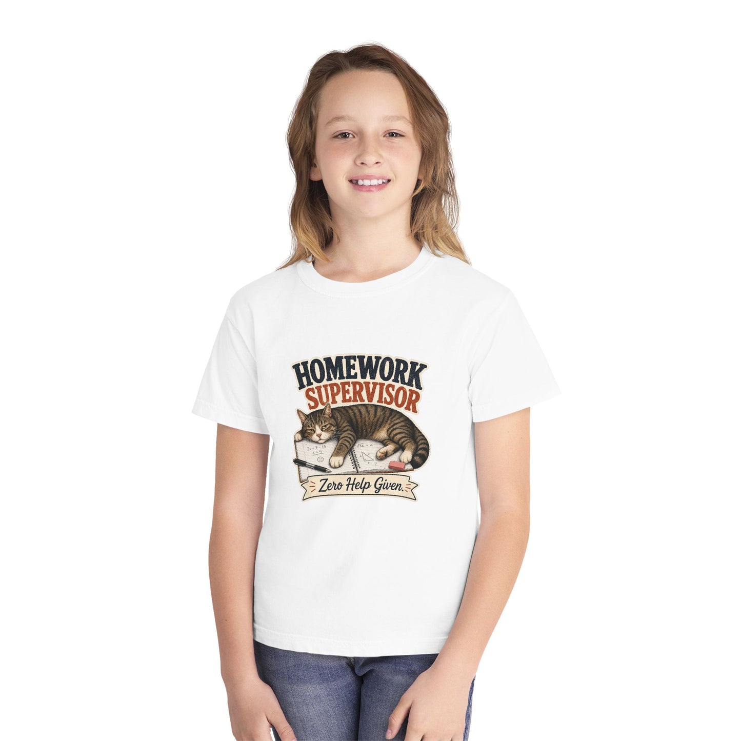 Homework Supervisor Cat Youth Tee | "Zero Help Given" retro kitten design
