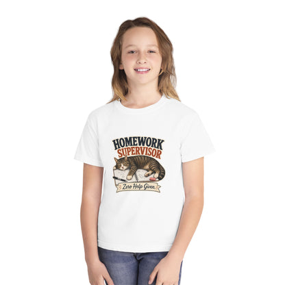 Homework Supervisor Cat Youth Tee | "Zero Help Given" retro kitten design