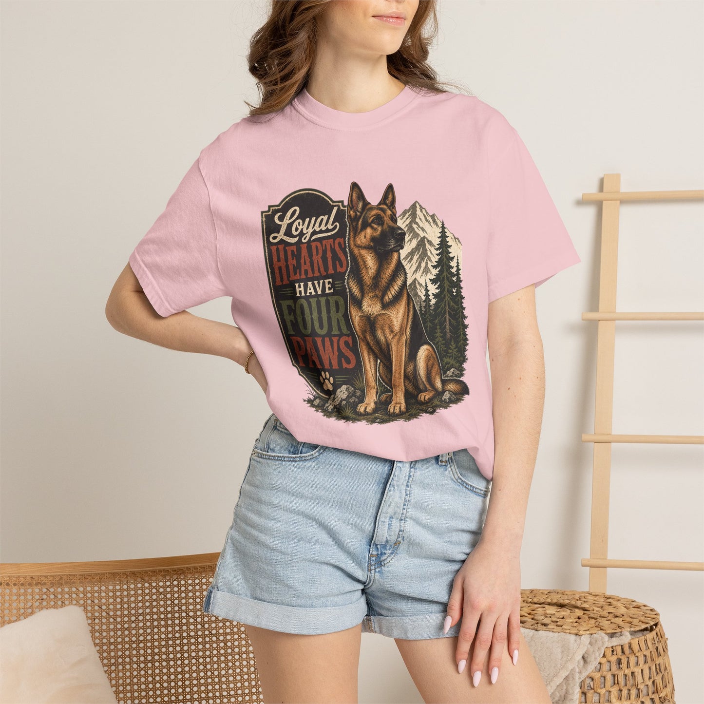 Loyal Hearts Have Four Paws German Shepherd T-shirt | Mountain Forest Dog Design