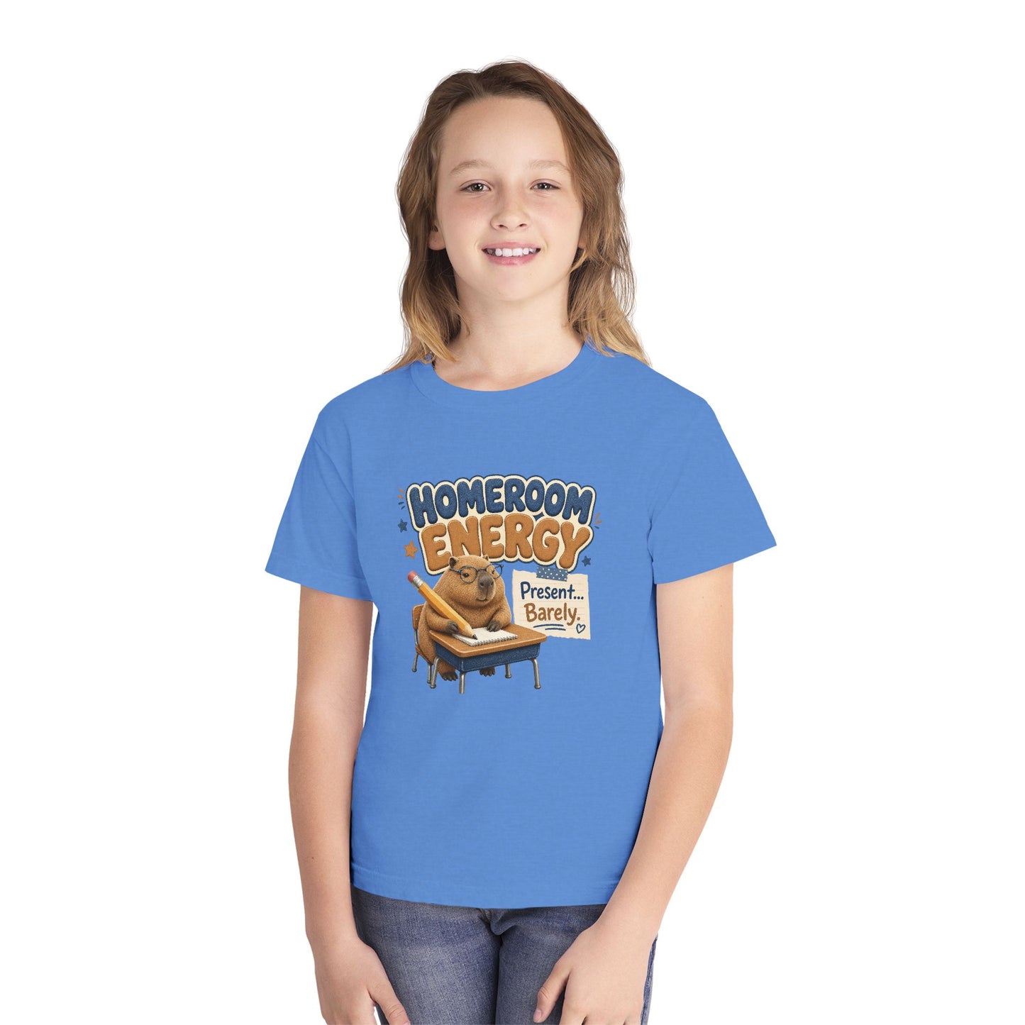 Homeroom Energy Sloth on Desk Youth Tee | Funny School Illustration
