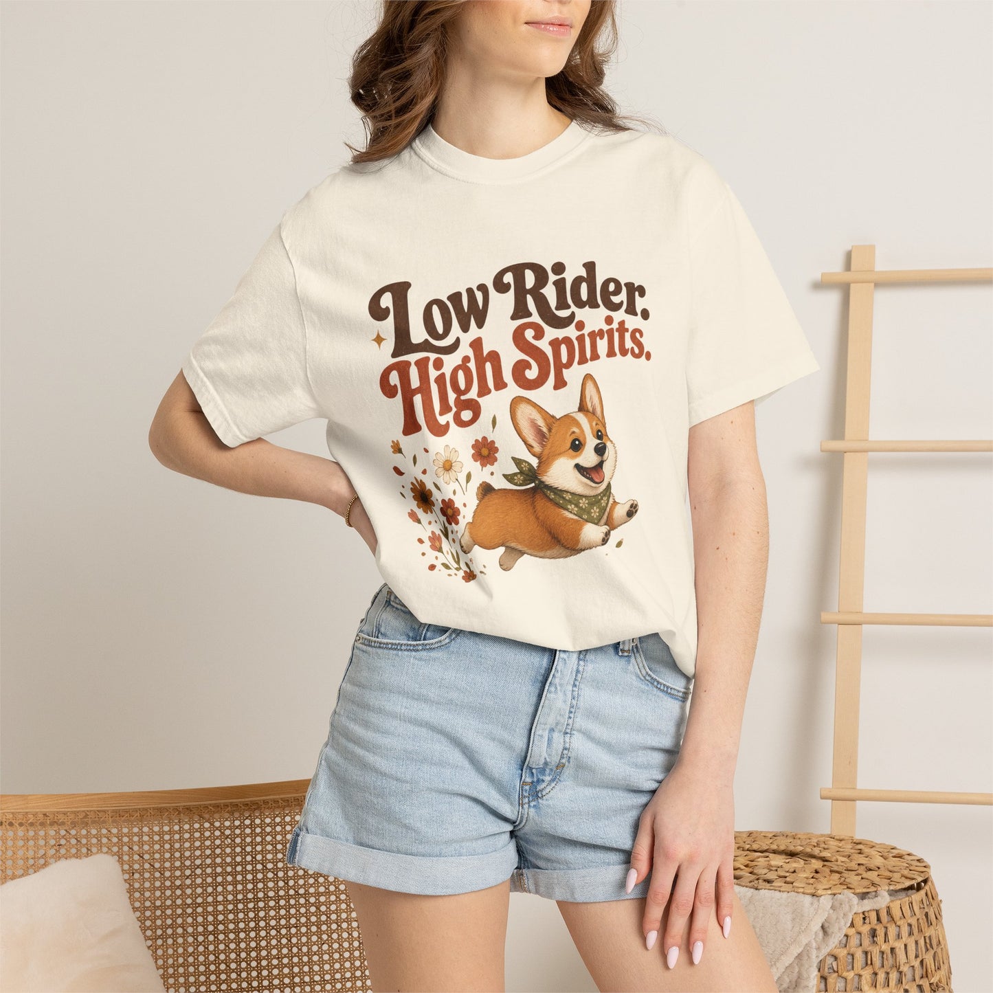 Low Rider High Spirits Corgi T-Shirt | Running Corgi Illustration, Autumn Leaves