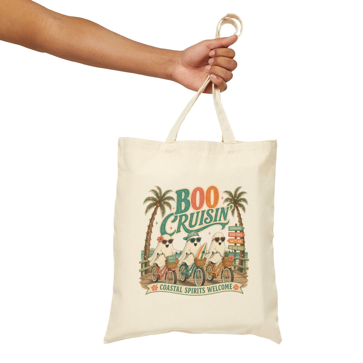 Boo Cruisin' ghost beach scene Tote | Halloween coastal spooky palm trees