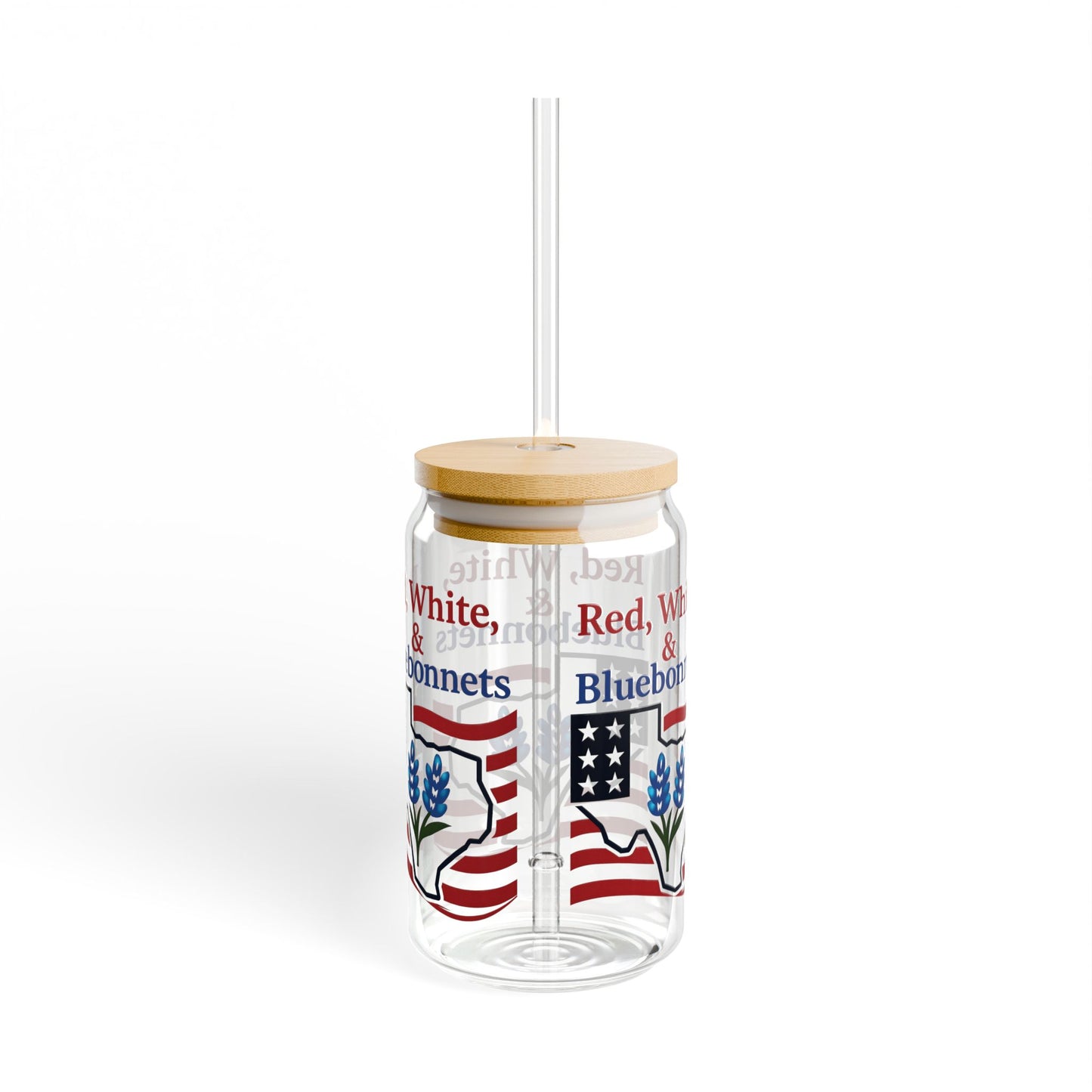 Sipper Glass, 16oz - Texas Theme Patriotic Bluebonnets, Texas Souvenir Cup, Lone Star State Gift, USA Flag Drinkware, America Independence