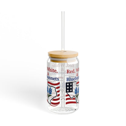 Sipper Glass, 16oz - Texas Theme Patriotic Bluebonnets, Texas Souvenir Cup, Lone Star State Gift, USA Flag Drinkware, America Independence