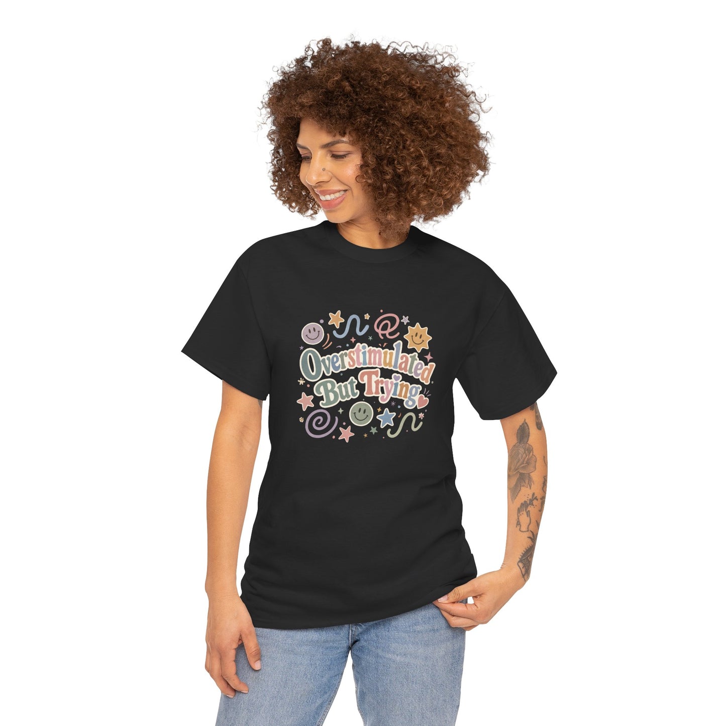 Overstimulated But Trying tee | Funny Mental Health Shirt, Cute Retro Doodles