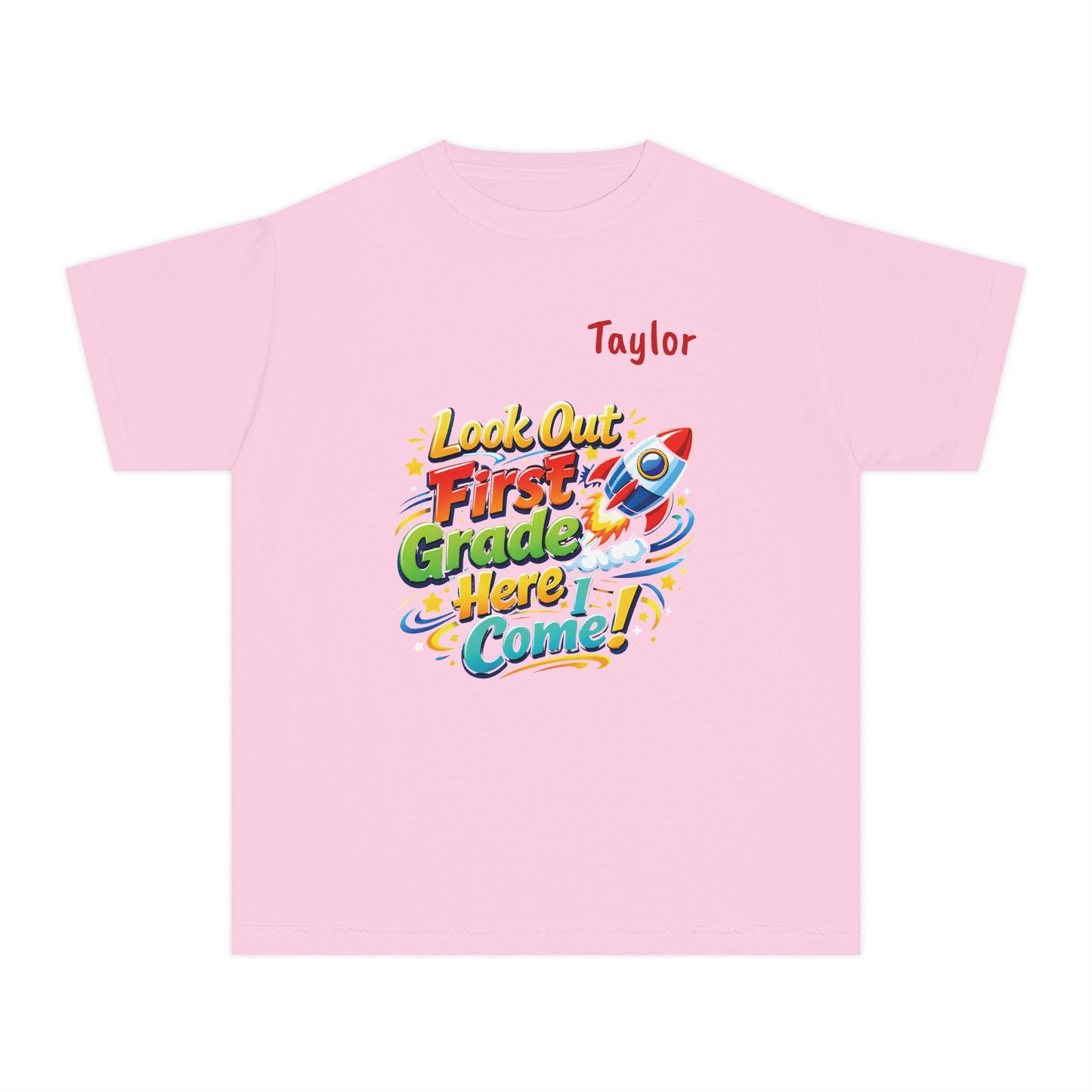 First Grade Here I Come Youth Tee | Rocket Back to School Shirt