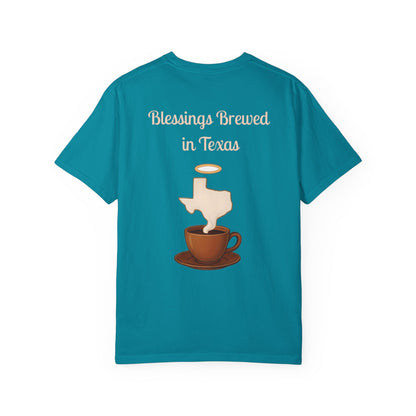 Blessings Brewed T-Shirt, Faith-Inspired Tee, Coffee Lover Gift, Texas Pride Apparel, Unisex Casual Wear