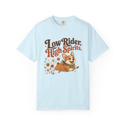 Low Rider High Spirits Corgi T-Shirt | Running Corgi Illustration, Autumn Leaves